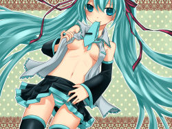 Rule 34 | 1girl, aqua eyes, aqua hair, breasts, detached sleeves, female focus, hatsune miku, long hair, mouth hold, navel, necktie, panties, skirt, smile, solo, striped clothes, striped panties, thighhighs, twintails, underwear, undressing, very long hair, vocaloid, yayoi (egoistic realism), zettai ryouiki