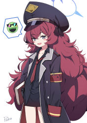 Rule 34 | 1girl, :d, absurdres, armband, black coat, black skirt, blue archive, blush stickers, book, coat, collarbone, collared shirt, commentary request, grey eyes, hair between eyes, hat, highres, holding, holding book, iroha (blue archive), long hair, long sleeves, looking at viewer, necktie, open mouth, peaked cap, pencil skirt, poko (user rjdg5478), red hair, school uniform, shirt, sidelocks, signature, simple background, skirt, smile, solo, spoken expression, standing, white background