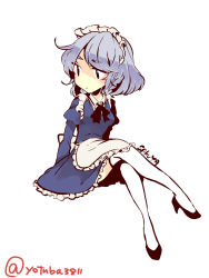 Rule 34 | 1girl, apron, bad id, bad pixiv id, blue dress, character name, clover (lapis lazure), crossed legs, dress, frilled dress, frills, highres, izayoi sakuya, long sleeves, looking to the side, maid, maid apron, maid headdress, necktie, puffy long sleeves, puffy sleeves, serious, short hair, silver hair, simple background, sitting, solo, thighhighs, touhou, twitter username, white background, white thighhighs, zettai ryouiki, | |