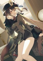 Rule 34 | 1girl, :d, black hat, black shorts, brown coat, brown hair, coat, coattails, collared coat, commentary request, dutch angle, fang, feet out of frame, flower, flower-shaped pupils, genshin impact, globe, hat, hat flower, hat tassel, highres, hu tao (genshin impact), indoors, knees together feet apart, lamp, long hair, long sleeves, looking at viewer, open mouth, plum blossoms, porkpie hat, red eyes, shorts, skin fang, smile, solo, symbol-shaped pupils, tailcoat, uosaasou, very long hair, window