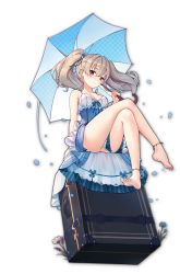 Rule 34 | 1girl, anklet, artist request, barefoot, blue dress, blue flower, breasts, dress, feet, flower, from below, game cg, highres, holding, holding umbrella, jewelry, crossed legs, light brown hair, looking at viewer, luggage, mahjong, mahjong soul, medium breasts, official art, petals, red eyes, simple background, sitting, smile, soles, solo, third-party source, transparent background, twintails, umbrella, xenia, yostar