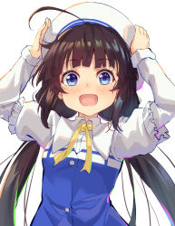 Rule 34 | 1girl, :d, ahoge, beret, blue eyes, blunt bangs, blush, brown hair, hands up, hat, highres, hinatsuru ai, hofumaso, looking at viewer, low twintails, open mouth, ribbon, ryuuou no oshigoto!, school uniform, simple background, smile, solo, twintails, white background, white hat, yellow neckwear, yellow ribbon