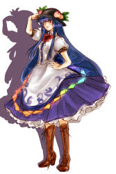 Rule 34 | 1girl, blue hair, boots, bow, cross-laced footwear, female focus, food, fruit, full body, hand on own hip, hat, highres, hinanawi tenshi, kinako (nurupoga), long hair, nurupoga, peach, puffy short sleeves, puffy sleeves, red eyes, shadow, short sleeves, simple background, sketch, smile, solo, touhou, very long hair, white background