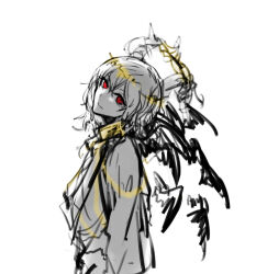 Rule 34 | 1boy, black wings, closed mouth, crown of thorns, halo, head tilt, horns, jewelry, lobotomy corporation, looking at viewer, multiple wings, necklace, nishikujic, personification, project moon, red eyes, seraph, simple background, solo, trap, upper body, white background, white tunic, whitenight (project moon), wings