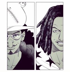 Rule 34 | 2boys, black hair, coat, commentary, dreadlocks, earrings, facial hair, family, father and son, glasses, goatee, grin, hat, hoop earrings, jewelry, long hair, long nose, looking at viewer, male focus, medium hair, monochrome, multiple boys, mush820823, one piece, one piece film: red, simple background, smile, star (symbol), symbol-only commentary, usopp, wavy hair, yasopp