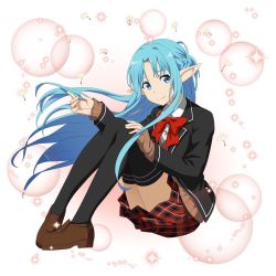 Rule 34 | 1girl, asuna (sao-alo), black jacket, black thighhighs, blue eyes, blue hair, bow, bowtie, brown footwear, brown sweater, dandelion, dress shirt, floating hair, flower, full body, hand on own hip, jacket, long hair, looking at viewer, miniskirt, pleated skirt, pointy ears, red bow, red bowtie, red skirt, school uniform, shirt, shoes, sitting, skirt, smile, solo, sparkle, sweater, sword art online, thighhighs, very long hair, white background, white shirt, zettai ryouiki