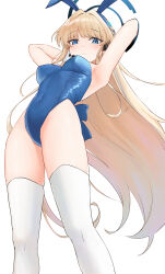 Rule 34 | 1girl, animal ears, armpits, arms behind head, arms up, blonde hair, blue archive, blue leotard, breasts, closed mouth, commentary, expressionless, fake animal ears, feet out of frame, from below, hair intakes, halo, highres, leotard, long hair, looking at viewer, m kong, mechanical halo, medium breasts, official alternate costume, playboy bunny, rabbit ears, simple background, solo, standing, thighhighs, toki (blue archive), toki (bunny) (blue archive), very long hair, white background, white thighhighs