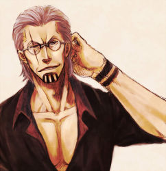 Rule 34 | 1boy, facial hair, glasses, grey hair, male focus, one piece, scar, silvers rayleigh, simple background, solo