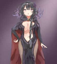 1girl black_dress black_hair braid braided_ponytail breasts bridal_gauntlets cape center_opening cleavage detached_sleeves dress elsa_granhilte flower frilled_sleeves frills fur_trim hair_flower hair_ornament highres large_breasts long_hair navel pantyhose pelvic_curtain purple_eyes purple_flower purple_rose re:zero_kara_hajimeru_isekai_seikatsu revealing_clothes rose solo tanone2525