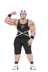 Rule 34 | 1boy, absurdres, armpits, bandana, bara, biceps, black shorts, black tank top, blue eyes, blue hair, closed mouth, commission, flexing, highres, jewelry, large pectorals, looking at viewer, male focus, muscular, muscular male, necklace, original, pectorals, sgt crisis, short hair, shorts, smile, solo, tank top, wristband