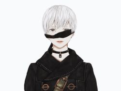 Rule 34 | 1boy, black blindfold, black choker, blindfold, buckle, choker, crying, green eyes, highres, male focus, nier:automata, nier (series), parted lips, red lips, shirone (coxo ii), simple background, solo, white background, white hair, 9s (nier:automata)