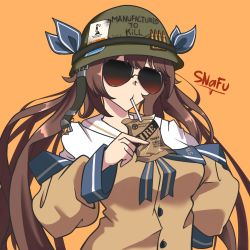 Rule 34 | 1girl, absurdres, brown hair, bullet, commentary, drinking, drinking straw, english commentary, field ration, full metal jacket, girls&#039; frontline, helmet, highres, long hair, long sleeves, m14 (girls&#039; frontline), field ration, orange background, parody, simple background, snafu (snafy snu), solo, sunglasses, twintails, upper body