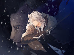 Rule 34 | 1boy, animal ears, arknights, artist name, black coat, black neckwear, cane, cape, character name, coat, concealed weapon, dark background, fighting stance, grey eyes, highres, holding, holding cane, long sleeves, male focus, necktie, neontube (netube), silverash (arknights), snowing, standing, sword cane, white hair