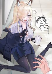 Rule 34 | 1boy, 1girl, absurdres, animal ears, doodle sensei (blue archive), black gloves, blonde hair, blue archive, blue eyes, breasts, cleavage, coffee mug, commentary request, cup, estelle8js, gloves, highres, holding, holding cup, kanna (blue archive), large breasts, mug, open mouth, partial commentary, sensei (blue archive), sharp teeth, skirt, spill, sweatdrop, teeth