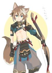 Rule 34 | 1boy, animal ears, armor, black gloves, blue eyes, bow (weapon), brown hair, closed mouth, commentary request, dog boy, dog ears, dog tail, eyeshadow, genshin impact, gloves, gorou (genshin impact), hair between eyes, hair ornament, highres, holding, holding bow (weapon), holding weapon, japanese armor, japanese clothes, kyuuri (miyako), looking at viewer, makeup, male focus, midriff, multicolored hair, red eyeshadow, simple background, solo, streaked hair, tail, tassel, two-tone background, weapon, white hair