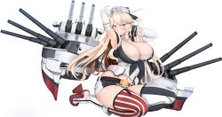 Rule 34 | 1girl, absurdres, adjusting hair, american flag legwear, armpits, arms up, asymmetrical legwear, blonde hair, blue eyes, breasts, chiyo goya, cleavage, collarbone, commentary, detached sleeves, garter straps, headgear, high heels, highres, huge breasts, iowa (kancolle), kantai collection, long hair, looking at viewer, machinery, miniskirt, mismatched legwear, navel, simple background, sitting, skirt, smile, solo, turret, wariza, white background