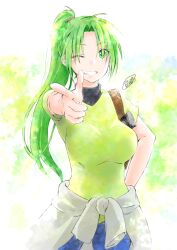 Rule 34 | 1girl, airsoft, arm at side, blurry, blurry background, breasts, clothes around waist, depth of field, forest, ginnoturu, green eyes, green hair, green shirt, gun, handgun, highres, higurashi no naku koro ni, holster, holstered, jacket, jacket around waist, large breasts, long hair, looking at viewer, nature, one eye closed, pointing, pointing at viewer, ponytail, shirt, short sleeves, shoulder holster, signature, smile, solo, sonozaki mion, teeth, turtleneck, very long hair, watercolor effect, weapon, white jacket