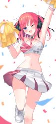 Rule 34 | 1girl, absurdres, arm up, armpits, black ribbon, blue archive, blue eyes, blurry, blurry foreground, blush, breasts, butterfly hair ornament, character name, cheerleader, cleavage, clothes writing, commentary, confetti, cosplay, gluteal fold, go-toubun no hanayome, hair ornament, hair ribbon, half-closed eyes, hand up, highres, holding, holding pom poms, looking at viewer, medium breasts, medium hair, millennium cheerleader outfit (blue archive), miniskirt, nakano nino, navel, one eye closed, open mouth, panties, pink hair, pom pom (cheerleading), pom poms, profnote, ribbon, shoes, simple background, skirt, smile, sneakers, solo, standing, standing on one leg, thighs, underwear, white footwear, white panties, white skirt, wind, wind lift