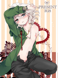 Rule 34 | 1boy, arm up, bad id, bad pixiv id, black pants, blue eyes, blush, bracelet, collarbone, commentary request, danganronpa (series), danganronpa 2: goodbye despair, english text, gem, grey eyes, grey hair, heart, hoshihuri, jewelry, komaeda nagito, lace, looking at viewer, male focus, navel, necklace, nipples, off shoulder, open clothes, open fly, open pants, pale skin, panties, pants, parted lips, pink panties, ring, ring necklace, smile, solo, striped, striped background, topless male, unbuttoned, underwear, unzipped