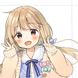 Rule 34 | 1girl, :d, blue dress, blush, brown cardigan, brown eyes, cardigan, collared dress, commentary request, double w, dress, fingernails, futaba anzu, hands up, idolmaster, idolmaster cinderella girls, light brown hair, long hair, long sleeves, low twintails, lowres, midorikawa you, open cardigan, open clothes, open mouth, plaid, plaid dress, sleeves past wrists, smile, solo, twintails, upper body, w, white background