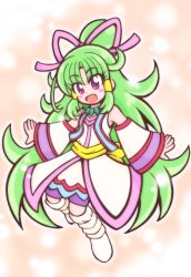 Rule 34 | 1girl, boots, bow, cure empress, detached sleeves, dokidoki! precure, dress, full body, green hair, guardias, hair bow, hair bun, hair tubes, jewelry, knee boots, long hair, magical girl, md5 mismatch, necklace, pink bow, pink eyes, precure, resolution mismatch, single hair bun, smile, solo, source smaller, very long hair