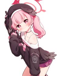 Rule 34 | 1girl, beret, black hat, black shirt, black wings, blue archive, blush, closed mouth, collarbone, commentary request, feathered wings, flower, hair flower, hair ornament, halo, hand up, hat, head tilt, head wings, highres, koharu (blue archive), long sleeves, looking at viewer, low wings, off shoulder, pink eyes, pink hair, pleated skirt, puffy long sleeves, puffy sleeves, purple skirt, red flower, red rose, rose, setmen, shirt, simple background, skirt, sleeves past wrists, solo, sweat, twintails, white background, wings