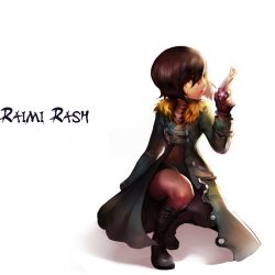 Rule 34 | boots, brown hair, child, coat, gun, hydeisty, overcoat, pantyhose, short hair, solo, weapon