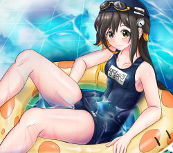 Rule 34 | 1girl, absurdres, bare legs, bare shoulders, black hair, blonde hair, blush, breasts, closed mouth, clothes writing, collarbone, colored inner hair, highres, hoya (geg6790), innertube, korean streamer, legs, long hair, looking at viewer, lying, multicolored hair, print innertube, school swimsuit, small breasts, solo, streamers, swim cap, swim ring, swimming goggles, swimsuit, tam tambourine, twintails, two-tone hair, water, wet, yellow eyes