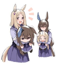 Rule 34 | 2girls, absurdres, admire vega (umamusume), animal ears, black eyes, blonde hair, blush, brown eyes, brown hair, character doll, closed mouth, commentary request, doqute stuffed doll, ear covers, ear ornament, highres, hitode (ziburi), horse ears, horse girl, horse tail, hugging doll, hugging object, long hair, long sleeves, low ponytail, multiple girls, narita top road (umamusume), open mouth, purple sailor collar, purple shirt, purple skirt, sailor collar, school uniform, shirt, short hair, single ear cover, skirt, smile, tail, tracen school uniform, umamusume, upper body
