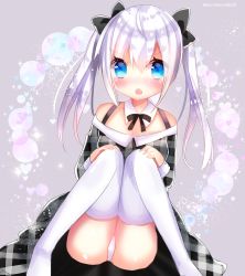 Rule 34 | 1girl, :o, bare shoulders, black bow, black dress, blue eyes, blush, bow, collar, collarbone, commentary request, detached collar, dress, fang, hair between eyes, hair bow, hands on own knees, highres, knees together feet apart, kohaku muro, long hair, long sleeves, looking at viewer, no shoes, off-shoulder dress, off shoulder, open mouth, original, panties, plaid, plaid dress, sidelocks, silver hair, solo, thighhighs, twintails, twitter username, underwear, unmoving pattern, white collar, white panties, white thighhighs