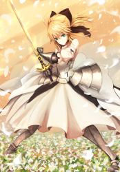 Rule 34 | 1girl, ahoge, armor, armored dress, artoria pendragon (fate), black bow, blonde hair, bow, caliburn (fate), detached sleeves, dress, fate/grand order, fate/stay night, fate/unlimited codes, fate (series), flower, green eyes, hair bow, highres, kaze minoru so-ru, long dress, long skirt, petals, saber (fate), saber lily, skirt, solo, sword, weapon