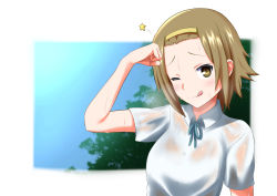Rule 34 | arm up, blue sky, brown eyes, brown hair, buttons, clenched hand, collared shirt, framed image, hairband, hand on head, highres, hot, k-on!, looking at viewer, na presi, one eye closed, outside border, shirt, sky, solo, summer, sweat, sweaty clothes, tainaka ritsu, tehepero, tongue, tongue out, tree, white shirt