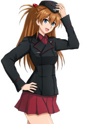 Rule 34 | 1girl, absurdres, adjusting clothes, adjusting headwear, alternate costume, black hat, black jacket, blue eyes, commentary, cowboy shot, dress shirt, garrison cap, girls und panzer, hat, highres, insignia, jacket, kuromorimine military uniform, long hair, long sleeves, looking at viewer, military hat, military uniform, miniskirt, neon genesis evangelion, omachi (slabco), open mouth, orange hair, pleated skirt, red shirt, red skirt, shirt, simple background, skirt, smile, solo, souryuu asuka langley, standing, two side up, uniform, white background, wing collar