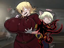 Rule 34 | 1boy, 1girl, animal ears, blonde hair, blush, breasts, cat boy, cat ears, english text, gloves, grabbing, grabbing another&#039;s breast, hellsing, highres, large breasts, pink eyes, red eyes, schroedinger (hellsing), seras victoria, starykrow, tight clothes, uniform