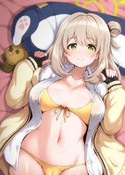 Rule 34 | 1girl, bed sheet, bikini, black gloves, blue archive, blush, breasts, breasts apart, brown hair, cleavage, closed mouth, cowboy shot, fingerless gloves, from above, front-tie bikini top, front-tie top, gloves, green eyes, groin, hair bun, halo, hands up, hiraga daidai, jacket, large breasts, long hair, long sleeves, looking at viewer, lying, navel, nonomi (blue archive), nonomi (swimsuit) (blue archive), on back, one side up, open clothes, open jacket, single hair bun, sleeves past wrists, solo, stomach, stuffed animal, stuffed toy, sweater, swimsuit, teddy bear, yellow bikini