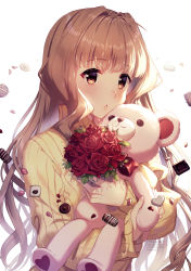 Rule 34 | 1girl, blonde hair, blush, brown eyes, comic, flower, game, marimo, muv-luv, parted lips, red flower, red rose, rose, rosuuri, shaded face, shadow, sidelocks, simple background, stuffed animal, stuffed toy, teddy bear, valentine
