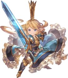 Rule 34 | &gt;:), 1girl, armor, armored boots, armored dress, blonde hair, blue dress, blue eyes, boots, charlotta (granblue fantasy), crown, dress, fighting stance, frills, full body, gauntlets, granblue fantasy, granblue fantasy versus, harvin, highres, long hair, minaba hideo, official art, pointy ears, smile, solo, sword, tall crown, transparent background, weapon