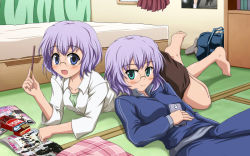 Rule 34 | 2girls, aqua eyes, bad id, bad pixiv id, bag, barefoot, bed, bedroom, blue eyes, casual, cellphone, feet, food, glasses, highres, ikeda chitose, ikeda chizuru, indoors, ishida seito, looking at viewer, lying, magazine (object), multiple girls, on back, on stomach, open mouth, phone, pocky, purple hair, short hair, siblings, sisters, smile, tatami, track suit, twins, yuru yuri