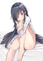 Rule 34 | 10s, 1girl, bad anatomy, bad proportions, barefoot, bed sheet, black hair, blush, feet, hair over one eye, hayashimo (kancolle), highres, kantai collection, long hair, long sleeves, red eyes, shirt, simple background, smile, solo, toes, very long hair, white background, white shirt, yukishiro arte