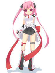 Rule 34 | 1girl, black skirt, blush, breasts, elbow gloves, fingerless gloves, full body, gloves, hand on own chest, kuro (be ok), leg warmers, long hair, looking at viewer, original, pink hair, pleated skirt, red eyes, simple background, skirt, smile, solo, standing, tareme, thigh strap, twintails, very long hair, vest, white background, white gloves