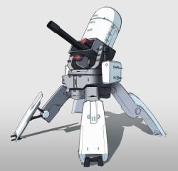 Rule 34 | autocannon, cannon, close-in weapon system, copyright request, electronic firearm, four legs, gatling gun, glowing, glowing eyes, gradient background, grey background, multiple-barrel firearm, phalanx ciws, red light, robot, rotary cannon, sentry gun, shadow, simple background, sinensian, source request, weapon