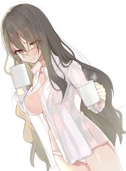 Rule 34 | 10s, 1girl, blush, breasts, brown eyes, brown hair, closed mouth, coffee mug, collared shirt, commentary request, cowboy shot, cup, dress shirt, dutch angle, futaba rio, glasses, hair between eyes, highres, holding, holding cup, large breasts, long hair, looking at viewer, mug, no bra, no pants, open clothes, open shirt, panties, seishun buta yarou, shirousa, shirt, smile, solo, steam, underwear, very long hair, white background, white panties, white shirt