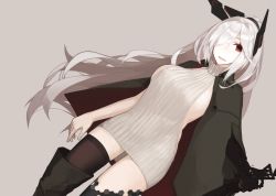 Rule 34 | 1girl, asymmetrical legwear, backless dress, backless outfit, black footwear, black thighhighs, boots, breasts, dress, dutch angle, grey background, grey hair, grey sweater, hair over one eye, halterneck, headgear, jacket, jacket on shoulders, large breasts, long hair, looking at viewer, meme attire, mikoto (oi plus), mismatched legwear, open mouth, original, ponytail, ribbed sweater, sideboob, simple background, smile, solo, sweater, sweater dress, teeth, thigh boots, thighhighs, thighs, turtleneck, turtleneck sweater, very long hair, virgin killer sweater