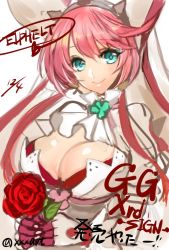 Rule 34 | 1girl, apt, breasts, cleavage, ascot, elphelt valentine, fingernails over gloves, flower, gloves, green eyes, guilty gear, guilty gear xrd, large breasts, pink hair, rose, solo