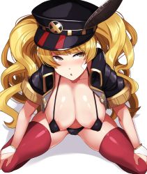 Rule 34 | 1girl, bandaid, bikini, black hat, blonde hair, blush, commentary, covered erect nipples, gloves, granblue fantasy, hat, jacket, long hair, looking away, looking up, micro bikini, monika weisswind, on floor, open clothes, open jacket, open mouth, partially fingerless gloves, peaked cap, red thighhighs, simple background, skindentation, solo, swimsuit, tenken (gotannda), thighhighs, thighs, twintails, white background, white gloves