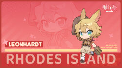 Rule 34 | 1boy, animal ears, arknights, artist request, black footwear, blonde hair, brown headwear, brown shorts, character name, chibi, closed mouth, collared shirt, copyright name, dress shirt, green eyes, hair between eyes, highres, holding, legwear garter, leonhardt (arknights), male focus, rabbit ears, shirt, shoe soles, shoes, short sleeves, shorts, smile, socks, solo, striped clothes, striped shirt, suitcase, tilted headwear, vertical-striped clothes, vertical-striped shirt, white socks, zoom layer
