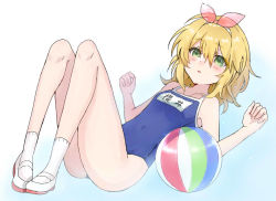 Rule 34 | 1girl, ankle socks, ball, blonde hair, blue background, blue one-piece swimsuit, bow, breasts, character name, character request, collarbone, competition school swimsuit, from side, full body, gradient background, green eyes, hair between eyes, hair bow, hairband, hatami (zyuden), idolmaster, idolmaster cinderella girls, legs together, looking at viewer, one-piece swimsuit, open mouth, pink bow, sakurai momoka, school swimsuit, see-through, shoes, short hair, small breasts, socks, solo, swimsuit, thighs, uwabaki, white background, white hairband, white socks