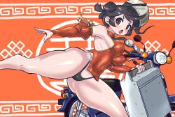 Rule 34 | 1girl, absurdres, ass, bare shoulders, black eyes, black hair, black panties, china dress, chinese clothes, commentary, commentary request, covered erect nipples, covered navel, detached sleeves, double bun, dress, hair bun, helmet, highres, kicking, minami aomori, motor vehicle, motorcycle, open mouth, original, panties, revealing clothes, solo, takeout container, thong, underwear