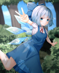 Rule 34 | 1girl, absurdres, arms up, blue bow, blue dress, blue eyes, blue hair, blue sky, bow, bowtie, breasts, bush, cirno, closed mouth, cloud, cloudy sky, collar, collared shirt, dress, eko 0427, grass, hair between eyes, hands up, highres, ice, ice wings, leaf, looking away, puffy short sleeves, puffy sleeves, red bow, red bowtie, running, shadow, shirt, short hair, short sleeves, sky, small breasts, smile, solo, touhou, tree, v, white shirt, wings