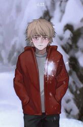 Rule 34 | 1boy, aged down, blurry, blurry background, chainsaw man, cowboy shot, crying, crying with eyes open, denji (chainsaw man), frown, godschildaran, grey shirt, hands in pockets, highres, hood, hoodie, red hoodie, sad, shirt, short hair, snow, snowball, snowball fight, solo, tears